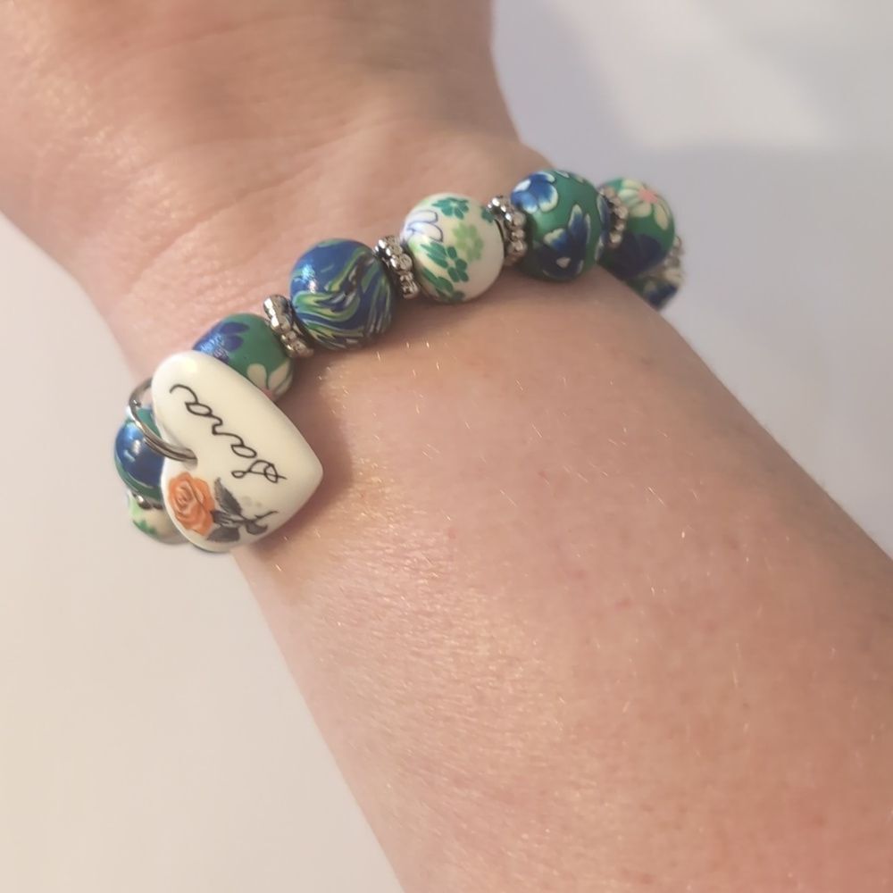 676 Blue and Green Floral Painted Beaded Charm Bracelet with Sara Engraved Heart